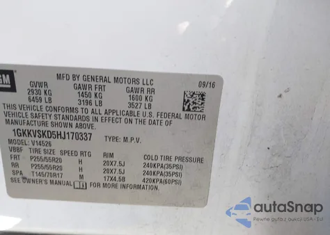 2017 GMC Acadia Limited z USA, uszkodzony, nr VIN 1GKKVSKD5HJ170337